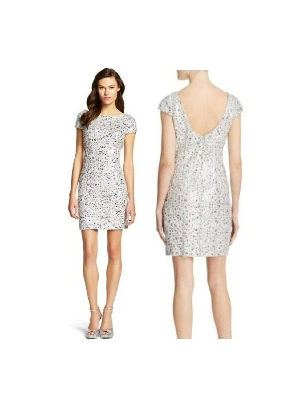⭐Adrianna Papell Designer Silver Sequin 3D Mini Cocktail Women's Mini Dress Sz 4